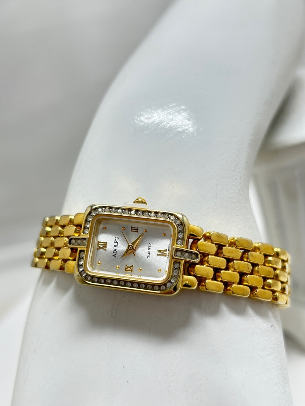 Adolfo, Gold Ladies Watch With Crystal Bezel, Working Order, New Battery
